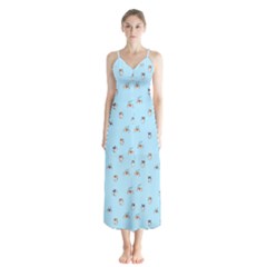 Cute Kawaii Dogs Pattern At Sky Blue Button Up Chiffon Maxi Dress