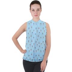 Cute Kawaii Dogs Pattern At Sky Blue Mock Neck Chiffon Sleeveless Top by Casemiro