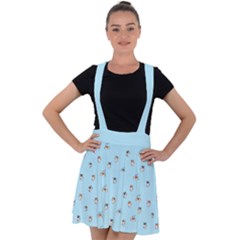 Cute Kawaii Dogs Pattern At Sky Blue Velvet Suspender Skater Skirt