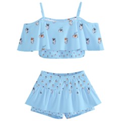 Cute Kawaii Dogs Pattern At Sky Blue Kids  Off Shoulder Skirt Bikini by Casemiro