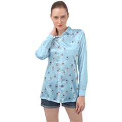 Cute Kawaii Dogs Pattern At Sky Blue Long Sleeve Satin Shirt