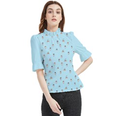 Cute Kawaii Dogs Pattern At Sky Blue Frill Neck Blouse