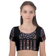 Chartres-cathedral-notre-dame-de-paris-amiens-cath-stained-glass Velvet Short Sleeve Crop Top  by Sudhe