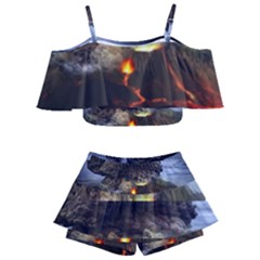 Landscape-volcano-eruption-lava Kids  Off Shoulder Skirt Bikini by Sudhe