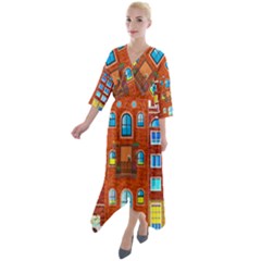 Town-buildings-old-brick-building Quarter Sleeve Wrap Front Maxi Dress by Sudhe