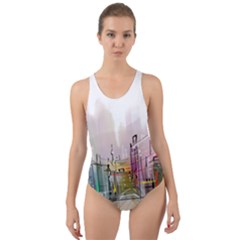 Drawing-watercolor-painting-city Cut-out Back One Piece Swimsuit by Sudhe