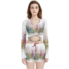 Drawing-watercolor-painting-city Velvet Wrap Crop Top And Shorts Set by Sudhe