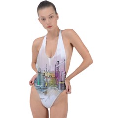 Drawing-watercolor-painting-city Backless Halter One Piece Swimsuit