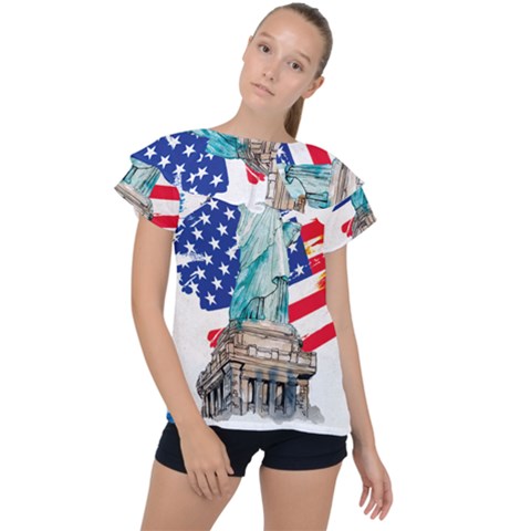 Statue Of Liberty Independence Day Poster Art Ruffle Collar Chiffon Blouse by Sudhe