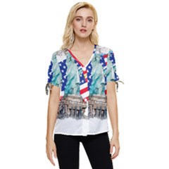 Statue Of Liberty Independence Day Poster Art Bow Sleeve Button Up Top by Sudhe