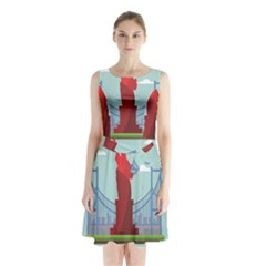 New-york-usa-liberty-landmark Sleeveless Waist Tie Chiffon Dress by Sudhe