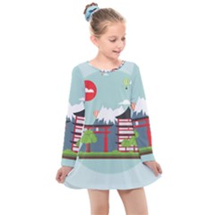 Japan-landmark-landscape-view Kids  Long Sleeve Dress by Sudhe