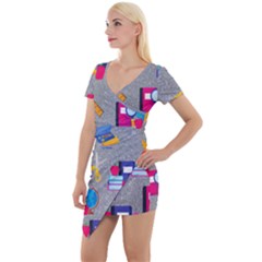 80s And 90s School Pattern Short Sleeve Asymmetric Mini Dress by InPlainSightStyle