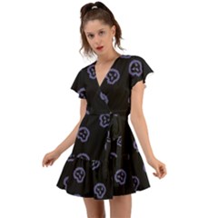 Purple Skulls On Dark Background Flutter Sleeve Wrap Dress