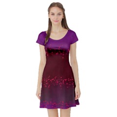 Red Splashes On Purple Background Short Sleeve Skater Dress by SychEva