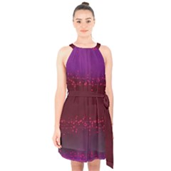 Red Splashes On Purple Background Halter Collar Waist Tie Chiffon Dress by SychEva