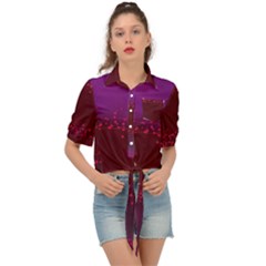 Red Splashes On Purple Background Tie Front Shirt  by SychEva