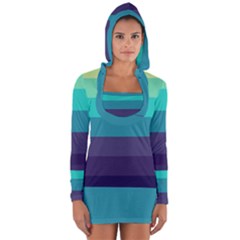 Blue Gradient Stripes  Long Sleeve Hooded T-shirt by Dazzleway