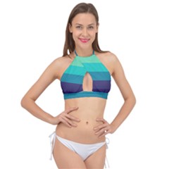 Blue Gradient Stripes  Cross Front Halter Bikini Top by Dazzleway