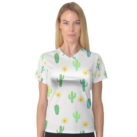 Green Cacti With Sun V-neck Sport Mesh Tee by SychEva