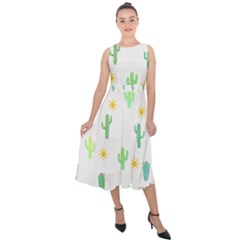 Green Cacti With Sun Midi Tie-Back Chiffon Dress