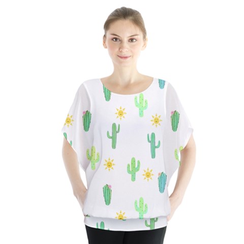 Green Cacti With Sun Batwing Chiffon Blouse by SychEva