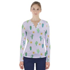 Green Cacti With Sun V-neck Long Sleeve Top by SychEva