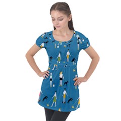 Girls Walk With Their Dogs Puff Sleeve Tunic Top by SychEva