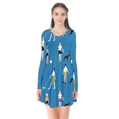 Girls Walk With Their Dogs Long Sleeve V-neck Flare Dress by SychEva