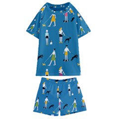 Girls Walk With Their Dogs Kids  Swim Tee And Shorts Set by SychEva