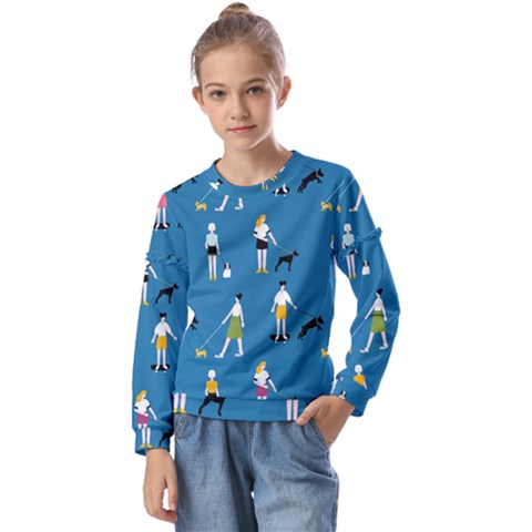 Girls Walk With Their Dogs Kids  Long Sleeve Tee With Frill  by SychEva