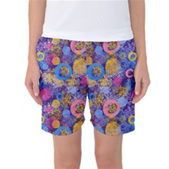 Multicolored Splashes And Watercolor Circles On A Dark Background Women s Basketball Shorts by SychEva