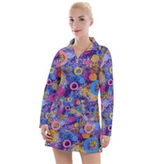 Multicolored Splashes And Watercolor Circles On A Dark Background Women s Long Sleeve Casual Dress by SychEva