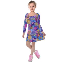 Multicolored Splashes And Watercolor Circles On A Dark Background Kids  Long Sleeve Velvet Dress by SychEva