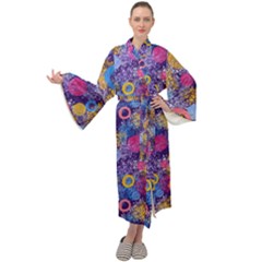 Multicolored Splashes And Watercolor Circles On A Dark Background Maxi Velour Kimono by SychEva