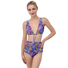 Multicolored Splashes And Watercolor Circles On A Dark Background Tied Up Two Piece Swimsuit by SychEva