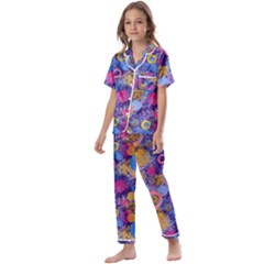 Multicolored Splashes And Watercolor Circles On A Dark Background Kids  Satin Short Sleeve Pajamas Set