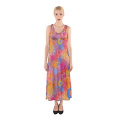 Multicolored Splashes And Watercolor Circles On A Dark Background Sleeveless Maxi Dress by SychEva