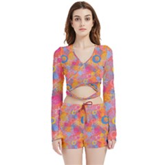 Multicolored Splashes And Watercolor Circles On A Dark Background Velvet Wrap Crop Top And Shorts Set by SychEva