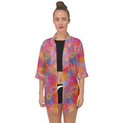 Multicolored Splashes And Watercolor Circles On A Dark Background Open Front Chiffon Kimono by SychEva