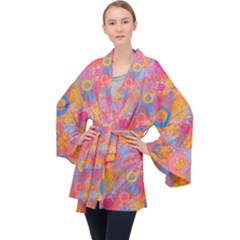 Multicolored Splashes And Watercolor Circles On A Dark Background Long Sleeve Velvet Kimono  by SychEva