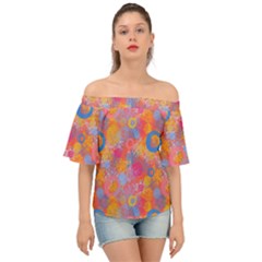 Multicolored Splashes And Watercolor Circles On A Dark Background Off Shoulder Short Sleeve Top by SychEva