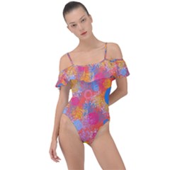 Multicolored Splashes And Watercolor Circles On A Dark Background Frill Detail One Piece Swimsuit by SychEva