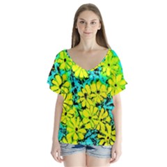 Chrysanthemums V-Neck Flutter Sleeve Top