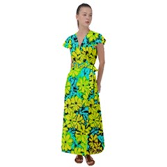 Chrysanthemums Flutter Sleeve Maxi Dress