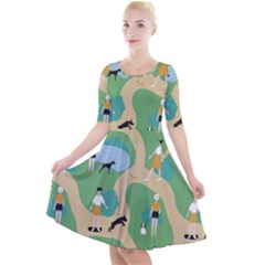 Girls With Dogs For A Walk In The Park Quarter Sleeve A-line Dress by SychEva