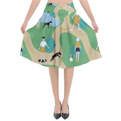 Girls With Dogs For A Walk In The Park Flared Midi Skirt by SychEva