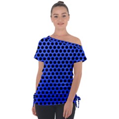 Metallic Mesh Screen-blue Off Shoulder Tie-Up Tee