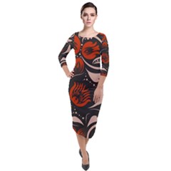 Folk Flowers Pattern Floral Surface Design Seamless Pattern Quarter Sleeve Midi Velour Bodycon Dress