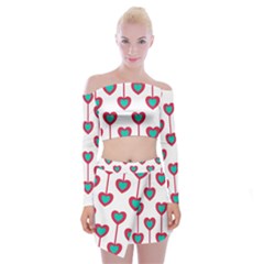 Red Hearts On A White Background Off Shoulder Top With Mini Skirt Set by SychEva